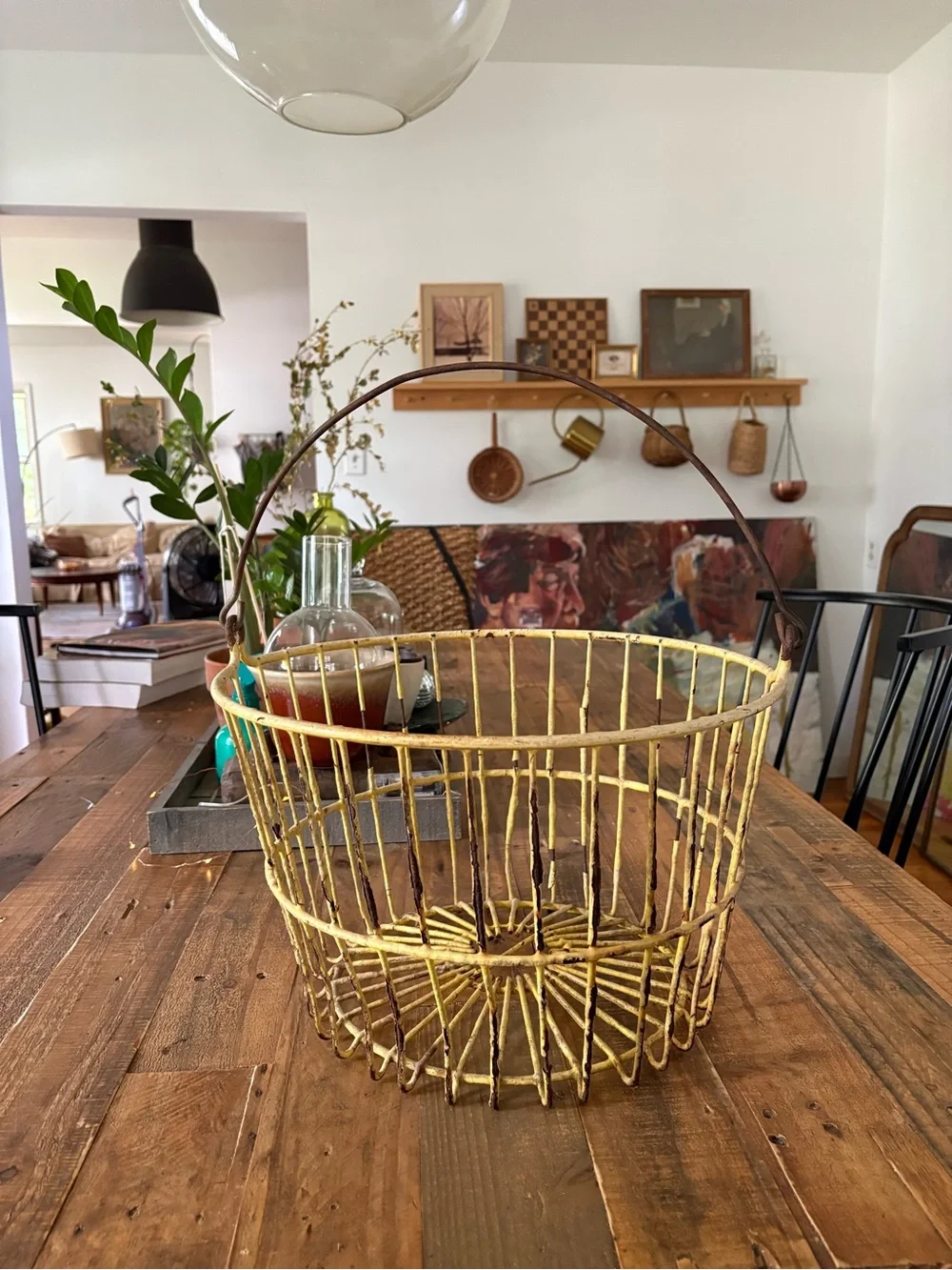 Vintage Distressed Yellow Wire Metal Egg Collection Gathering Handled Basket